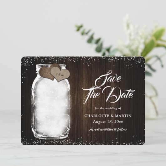 Rustikales Holz Mason Jar String Lights Hochzeit Save The Date (Stehend Vorderseite)