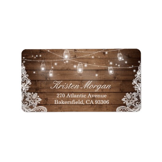 Rustikales Holz Mason Jar String Lights Lace Adressaufkleber (Vorne)