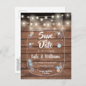 Rustikales Holz Mason Jar String Lights Save the D Ankündigungspostkarte (Vorne/Hinten)