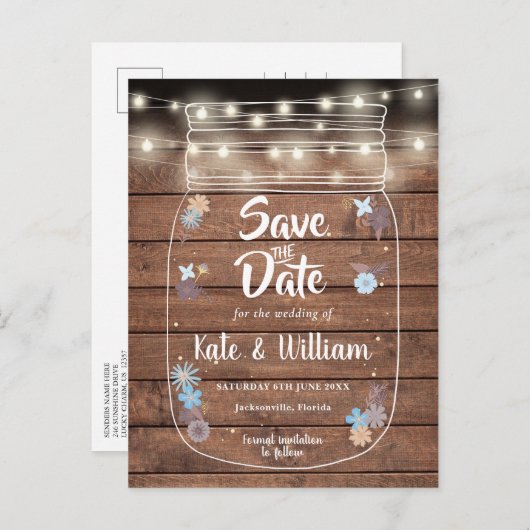 Rustikales Holz Mason Jar String Lights Save the D Ankündigungspostkarte (Vorne/Hinten)