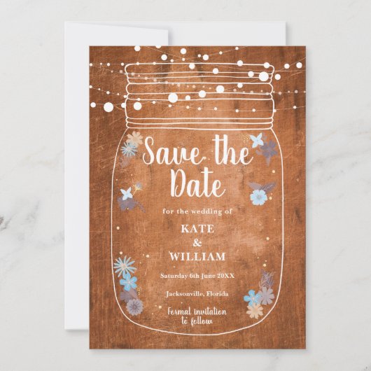 Rustikales Holz Mason Jar String Lights Save the D Date (Vorderseite)
