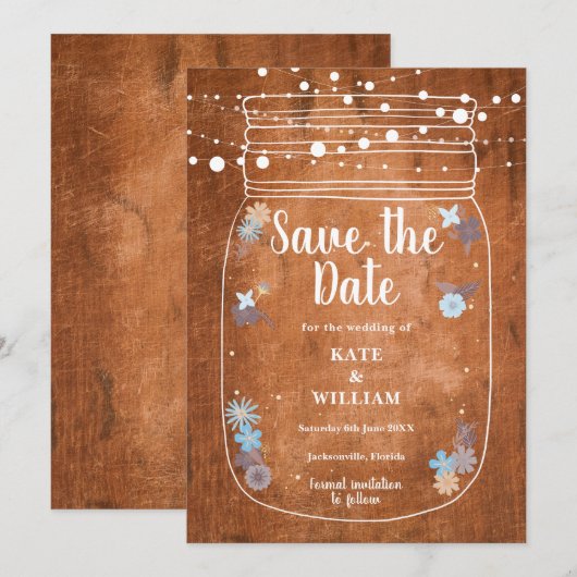 Rustikales Holz Mason Jar String Lights Save the D Date (Vorne/Hinten)