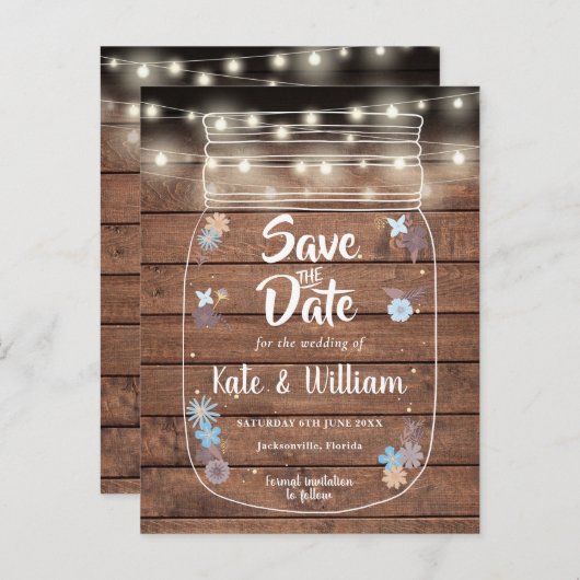 Rustikales Holz Mason Jar String Lights Save the D Einladungspostkarte (Vorne/Hinten)