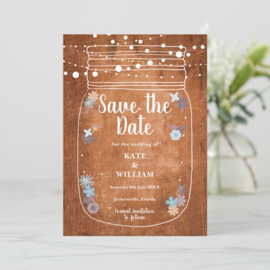 Rustikales Holz Mason Jar String Lights Save the D Save The Date (Stehend Vorderseite)