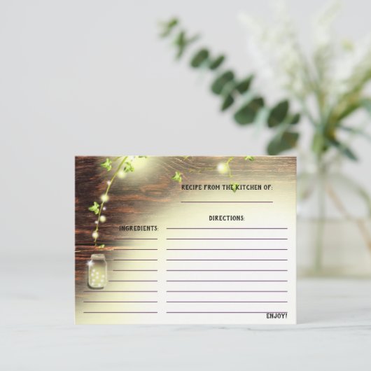 Rustikales Holz Mason Jar String Lights Tree Rezep Postkarte (Stehend Vorderseite)
