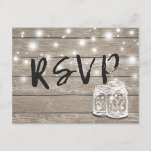 Rustikales Holz & Mason Jar String Lights Wedding  Einladungspostkarte