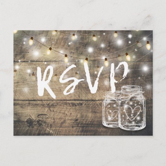 Rustikales Holz & Mason Jar String Lights Wedding  Einladungspostkarte (Vorderseite)