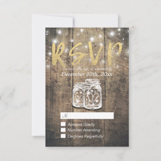 Rustikales Holz & Mason Jar String Lights Wedding RSVP Karte (Vorderseite)
