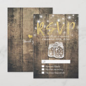 Rustikales Holz & Mason Jar String Lights Wedding RSVP Karte (Vorne/Hinten)