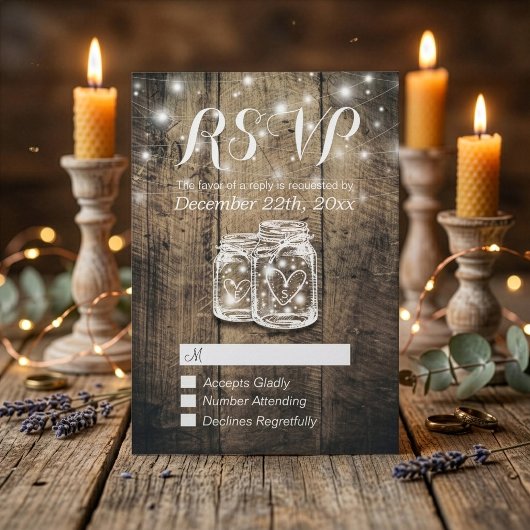 Rustikales Holz & Mason Jar String Lights Wedding RSVP Karte