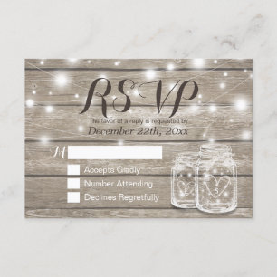 Rustikales Holz & Mason Jar String Lights Wedding  RSVP Karte