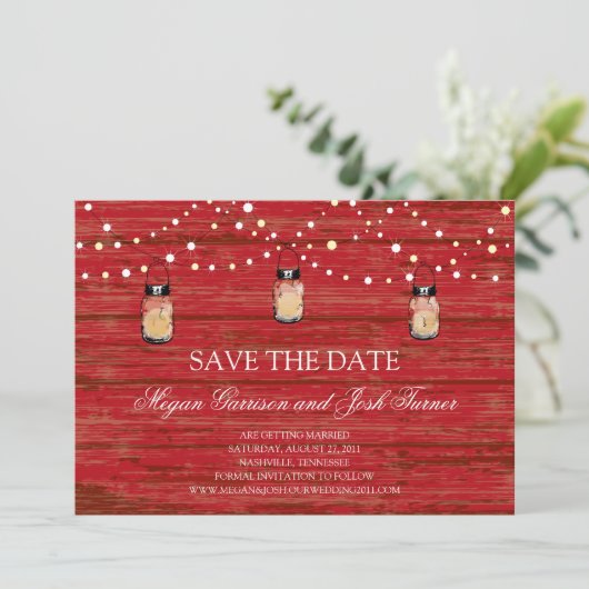Rustikales Holz Mason Jar und Leuchten Save the Da Save The Date (Stehend Vorderseite)