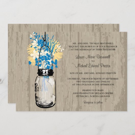 Rustikales Holz Mason Jar und Wildblumen Hochzeit Einladung (Vorne/Hinten)