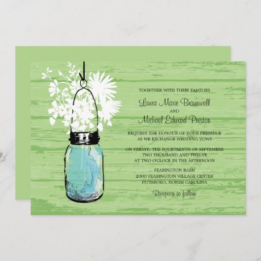 Rustikales Holz Mason Jar und Wildblumen Hochzeit Einladung (Vorne/Hinten)