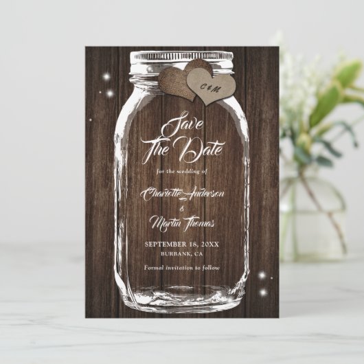 Rustikales Holz Mason Jar Wedding speichern das Da Save The Date (Stehend Vorderseite)