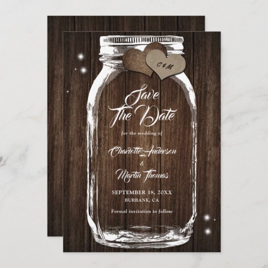 Rustikales Holz Mason Jar Wedding speichern das Da Save The Date (Vorne/Hinten)