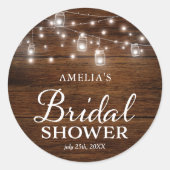 Rustikales Holz Mason Jars and Lights Brautparty Runder Aufkleber (Vorderseite)