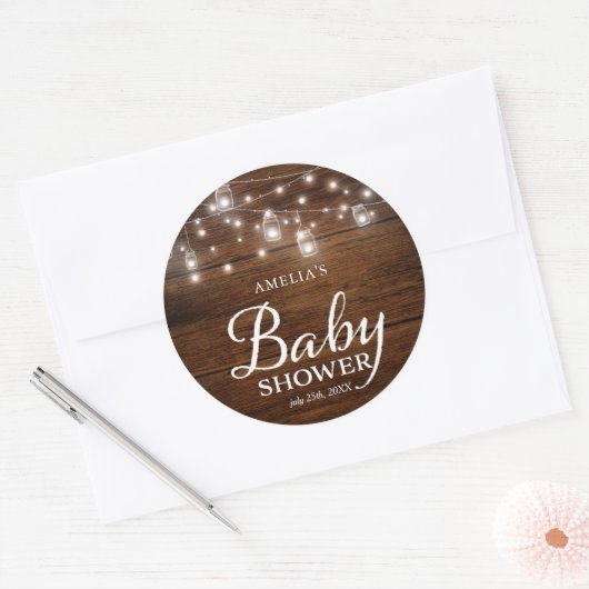 Rustikales Holz Mason Jars Lights Babydusche Runder Aufkleber (Umschlag)