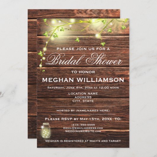 Rustikales Holz Mason Lights Bridal Dusche Einladu Einladung (Vorne/Hinten)