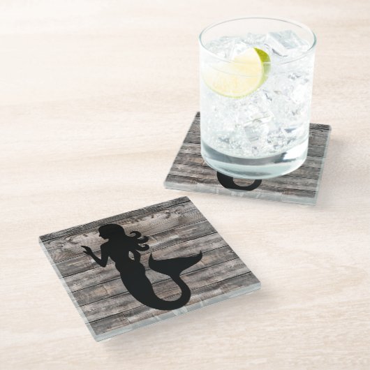rustikales Holz MERMAID Silhouette | Glasuntersetzer (Schrägansicht)