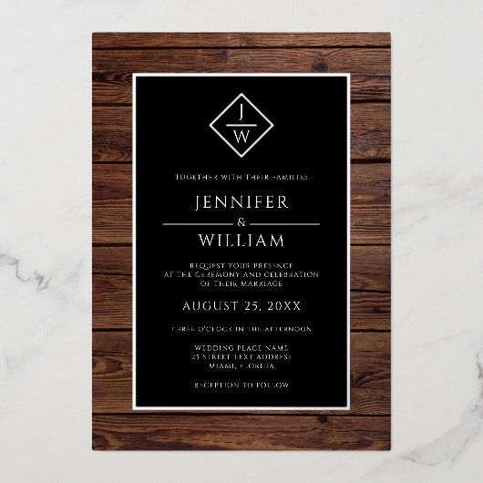 Rustikales Holz Minimalistisch formales klassische Folieneinladung (Vorderseite)