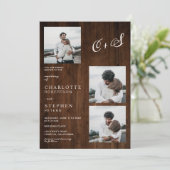 Rustikales Holz minimalistische Initialen 4 Fotos  Einladung (Stehend Vorderseite)