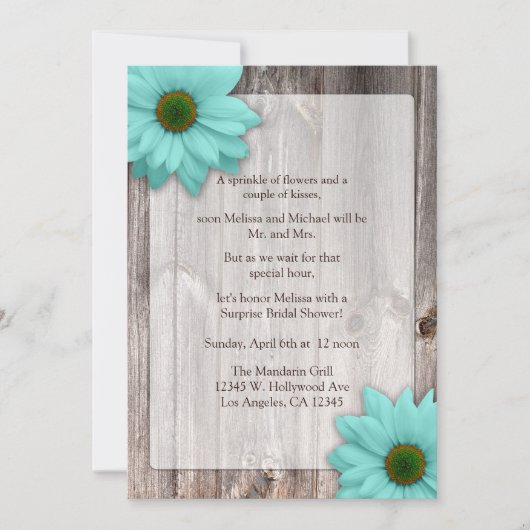 Rustikales Holz mit Aquamarinem Blue Daisis Brautp Einladung (Vorderseite)