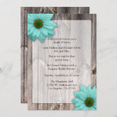 Rustikales Holz mit Aquamarinem Blue Daisis Brautp Einladung (Vorne/Hinten)