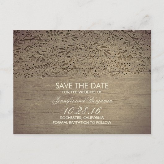 rustikales Holz mit Blumenbeete Save the Date Ankündigungspostkarte (Vorderseite)