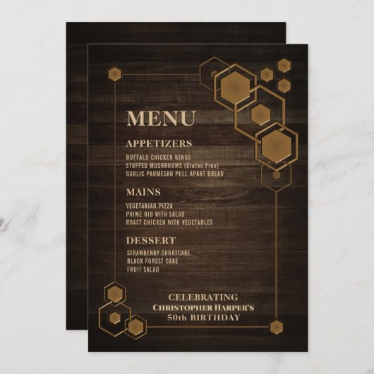 Rustikales Holz mit geometrischen Rahmen Geburtsta Menükarte (Vorne/Hinten)