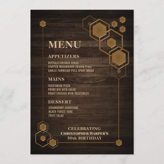 Rustikales Holz mit geometrischen Rahmen Geburtsta Menükarte (Vorderseite)