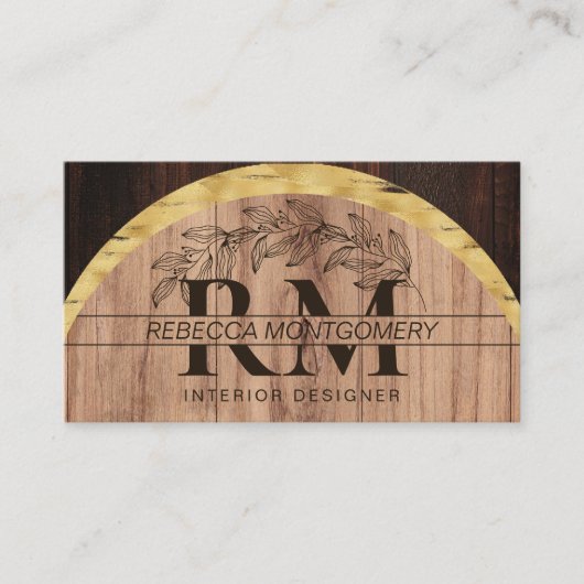 Rustikales Holz Mit Monogramm Gold Visitenkarte (Vorderseite)