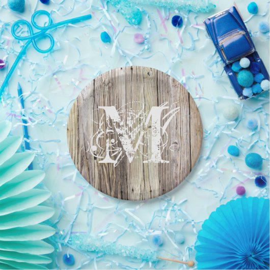 Rustikales Holz Mit Monogramm Papier-Teller Pappteller (Party)