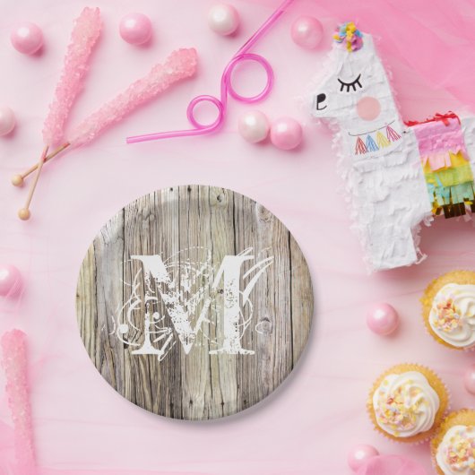 Rustikales Holz Mit Monogramm Papier-Teller Pappteller (Party)