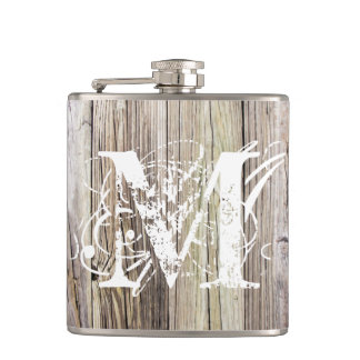 Rustikales Holz Mit Monogramm Vinyl Wrapped Flask Flachmann