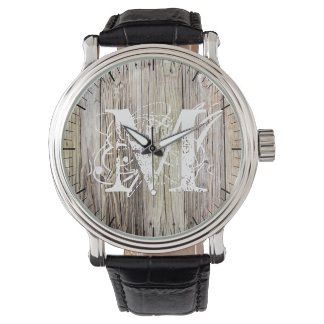 Rustikales Holz Mit Monogramm Watch Armbanduhr (Vorderseite)