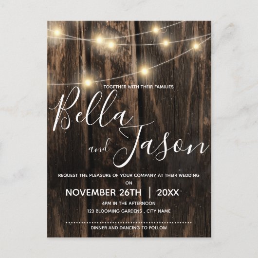 Rustikales Holz mit Saitenlicht Einladung zur Hoch (Vorderseite)