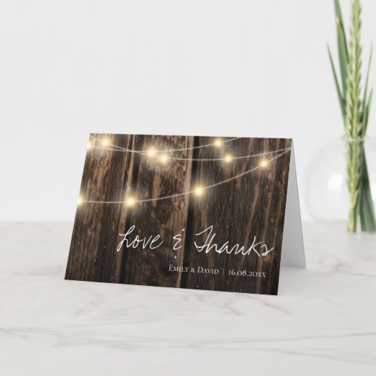 Rustikales Holz mit Streichellichter Hochzeit Dankeskarte (Vorderseite)