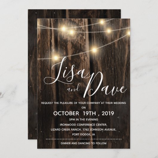 Rustikales Holz mit Streichellichter Hochzeit Einladung (Vorne/Hinten)