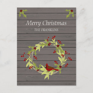 Rustikales Holz mit Weihnachtskranz und süßem Voge Feiertagspostkarte