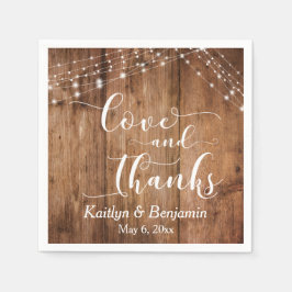 Rustikales Holz mit weißem Licht, Liebe und Dank Serviette