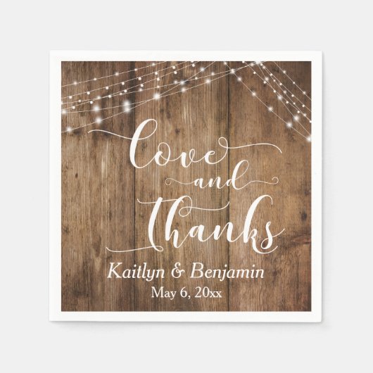 Rustikales Holz mit weißem Licht, Liebe und Dank Serviette (Vorderseite)