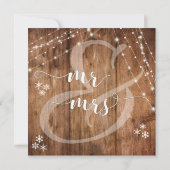 Rustikales Holz mit weißen Lichtern und Schneefloc Einladung (Rückseite)