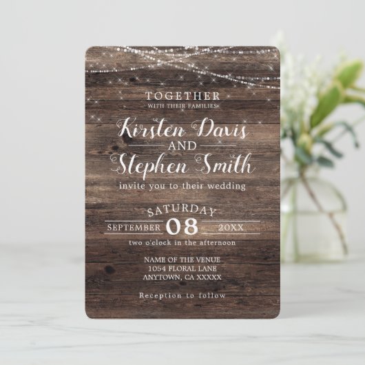 Rustikales Holz - Moderne Country-String-Lichter H Einladung (Stehend Vorderseite)