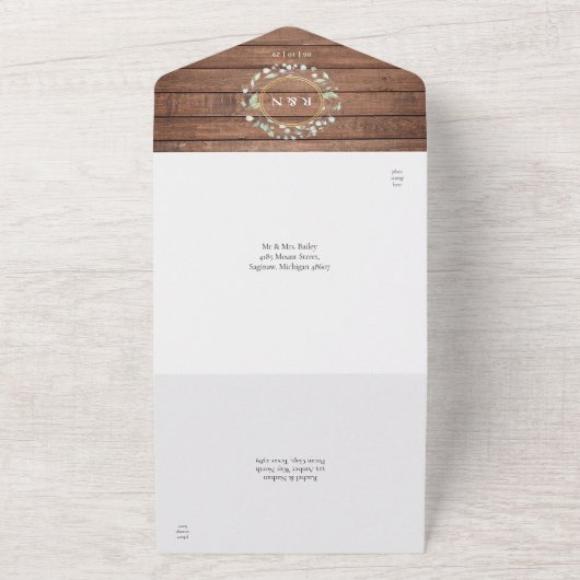 Rustikales Holz Monogram Grüne Blumenzange All In One Einladung (Außenbereich)