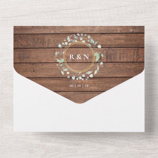 Rustikales Holz Monogram Grüne Blumenzange All In One Einladung (Rückseite)