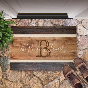 Rustikales Holz Monogram Stripdesign Fußmatte
