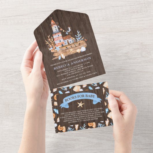 Rustikales Holz Nautical Lighthouse Kinderdusche All In One Einladung (Abreißen)