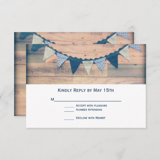 Rustikales Holz-Navy-Banner Hochzeitskarten RSVP Karte (Vorne/Hinten)