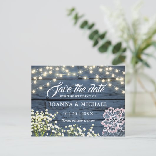 Rustikales Holz Navy Blue String Lights Save the D Postkarte (Stehend Vorderseite)